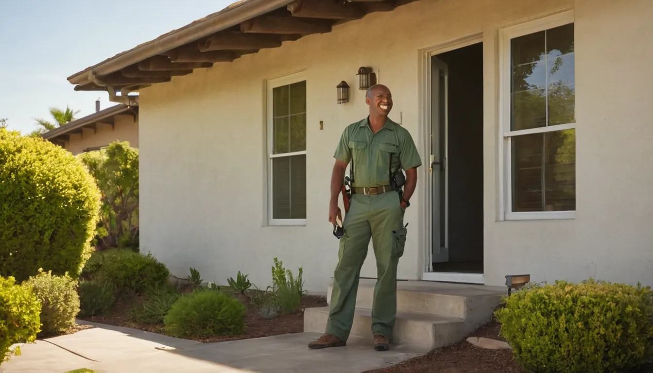 A pest control provider talking with a homeowner at the front door in the Orlando area