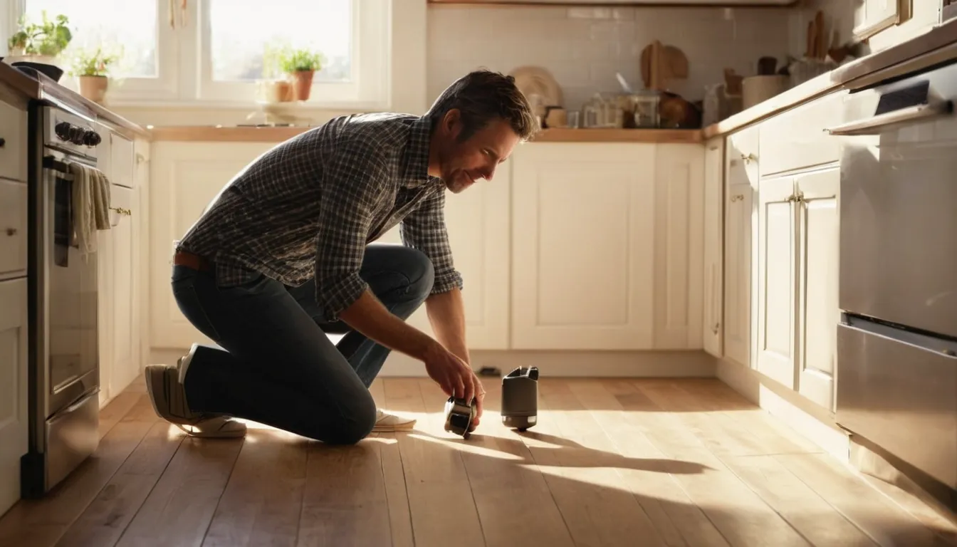 A homeowner in Orlando calmly checking a kitchen baseboard for signs of pests
